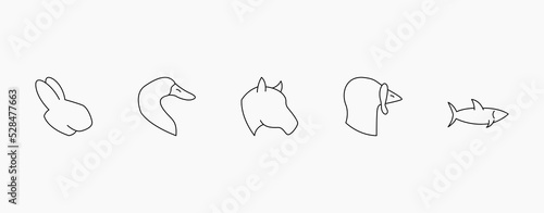 Domestic animals linear vector icon set. Outline heads of farm animals such as rabbit, duck, horse, turkey, and fish. Editable stroke
