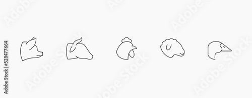 Farm animals black line icons. Set of domestic animals such as pig, cow, ham. sheep, and goose. Editable stroke