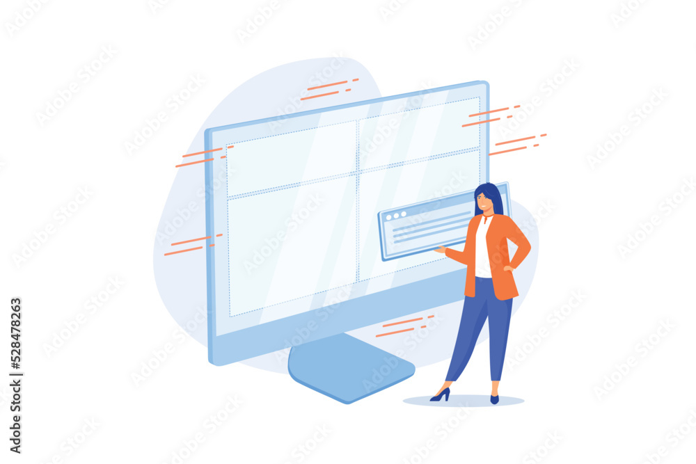 Web design and content creating. Landing page, website, homepage creating design element. Female graphics designer, developer flat character.flat vector modern illustration Web design and content creating. Landing page, website, homepage creating design element. Female graphics designer, developer flat character.flat vector modern illustration