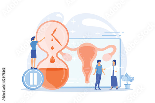 Female personal health concern, worry. Woman getting checked by doctors. Menopause, women climacteric, hormone replacement therapy concept.flat vector modern illustration
