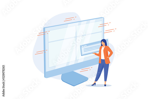 Web design and content creating. Landing page, website, homepage creating design element. Female graphics designer, developer flat character.flat vector modern illustration