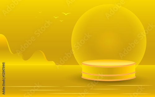A podium, a fantastic golden landscape and geometric figures in yellow tones.
 An empty space for your design. 3d image.