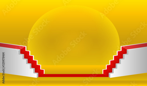A podium, a fantastic golden landscape and a red carpet for the awards. 
An empty space for your design. 3d image.