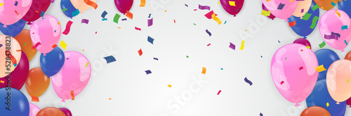 Grand opening card design with balloons  variety of colors and ribbon with confetti,  Multicolored Anniversary Illustration
