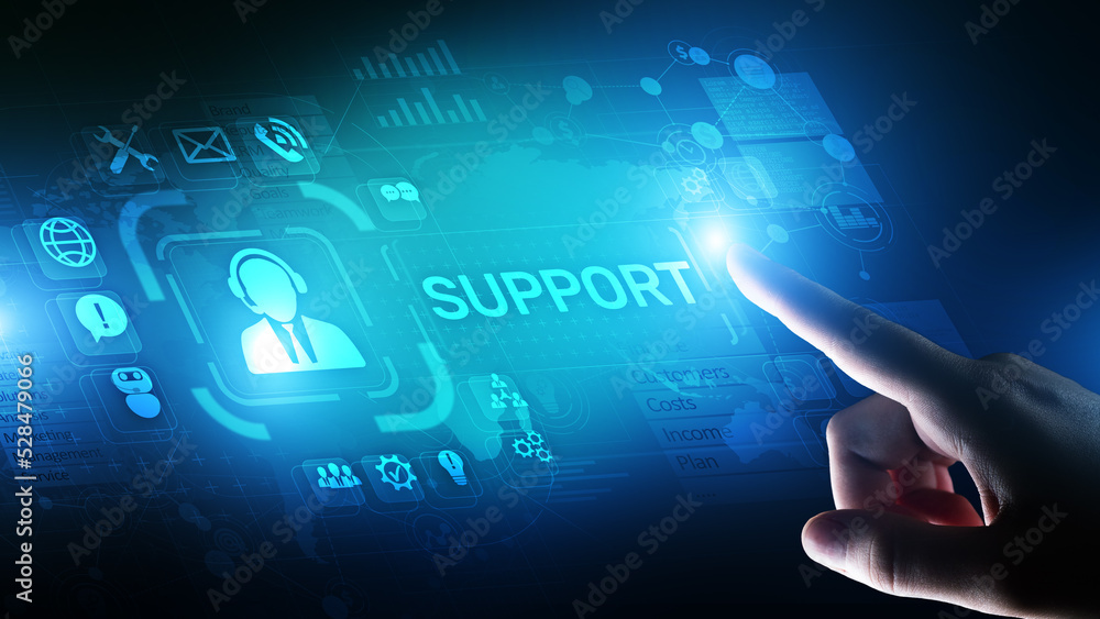 Support button on virtual screen. Customer service and communication concept. Support button on virtual screen. Customer service and communication concept.