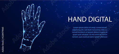 Abstract giving hand. Low poly style design with blue geometric background. Wireframe Modern 3D Graphics Concept Isolated Vector Illustration