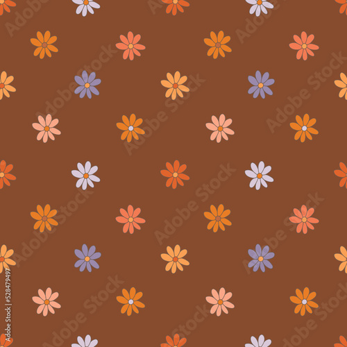 Groovy daisy flowers seamless pattern  60s  70s retro style. Rainbow daisies on a brown background. Pink  orange  purple and red colors.