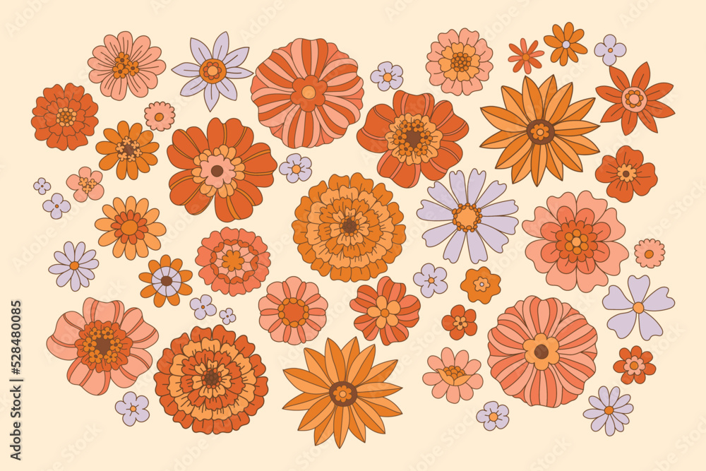 70s flowers. Hippie aesthetic vector illustration. Set of floral