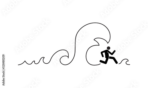 A man runs away from a large tsunami wave. A person avoids a threat. The concept of psychology, business, life safety. isolated Vector illustration