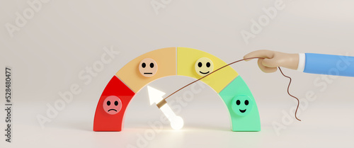 3d businessman hand pull the string to make rating gauge to be excellent. Quality control or improvement, credit score or satisfaction measurement, performance rating or customer feedback.3d rendering photo