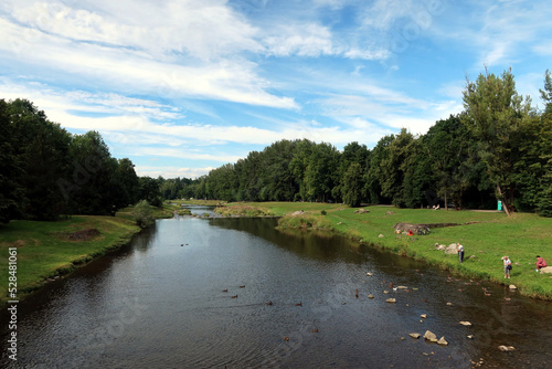 Vistula river in Ustron village. Silesian Beskids mountains region. Poland