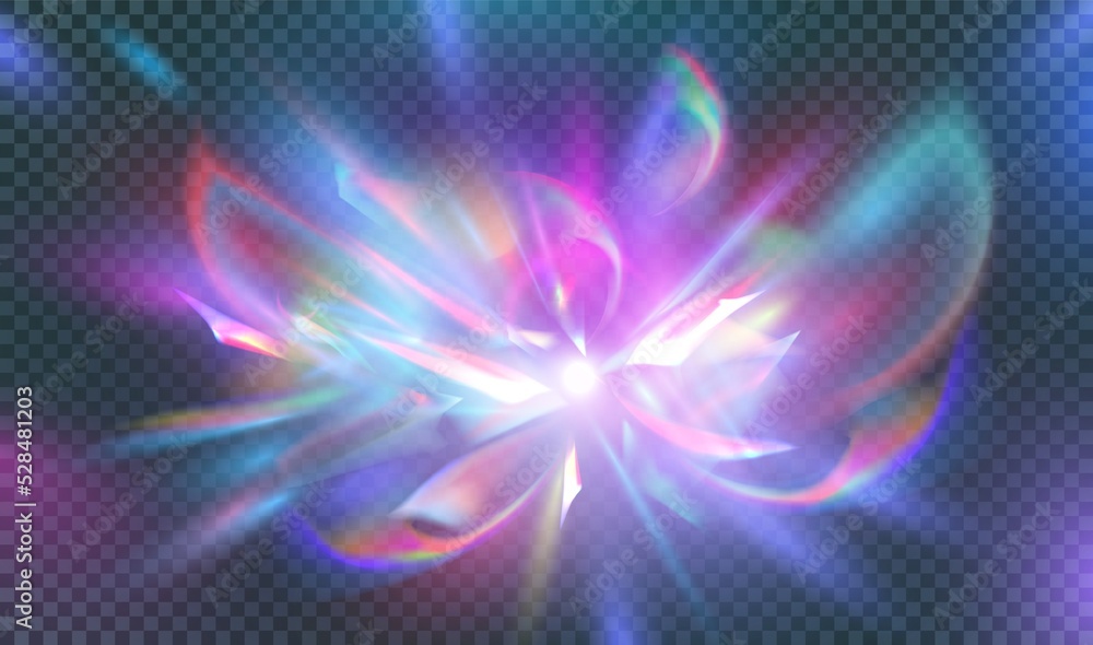 Rainbow prism flare lens realistic effect at violet background.  illustration of light refraction texture. Transparent background