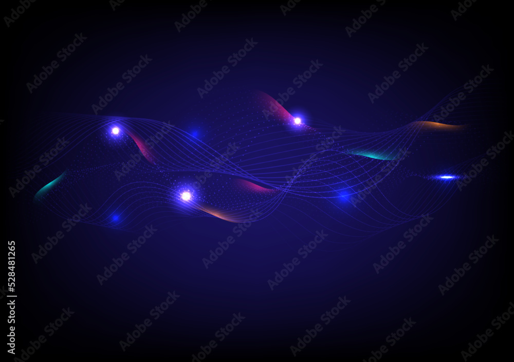 abstract wave motion and dynamic mesh line on dark blue background. Modern futuristic design for background or wallpaper. Digital technology concept.
