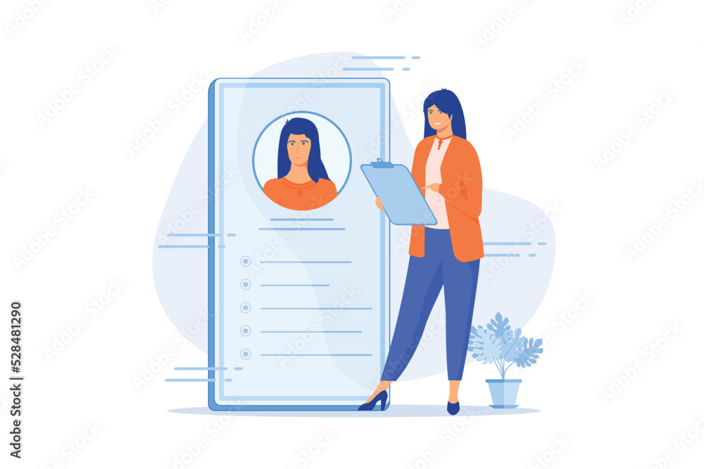Human resource management. Job analysis, sourcing, screening and selection. Female cartoon character reading job applications and CV of candidatees. flat vector illustration