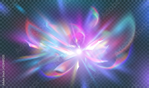 Rainbow prism flare lens realistic effect at violet background. illustration of light refraction texture. Transparent background