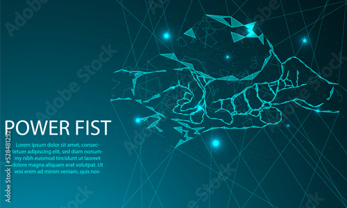 Man giving fist bump in blue background. Power of teamwork concept. Digital low poly wireframe of futuristic vector.