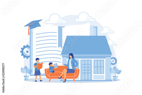 Children at home with tutor or parent getting education, tiny people. Home schooling, home education plan, homeschooling online tutor concept. flat vector illustration