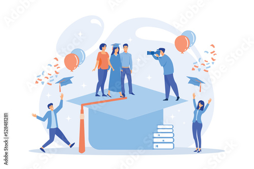 Graduating. Proud parents with graduated student. Graduation day, getting an academic degree, graduation announcements concept flat vector illustration