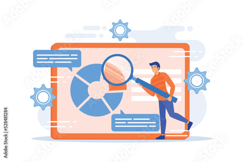 Business documents scanning. Electronic online doc with pie chart infographics. Data analytics, annual report, result checking. Man with magnifying glass. flat vector illustration