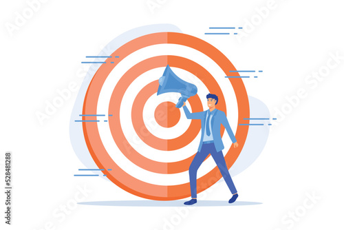 Targeted advertisement campaign. Promotional announcement, customers attraction, promo.Marketer shouting in loudspeaker flat male character. flat vector illustration