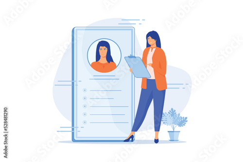 Human resource management. Job analysis, sourcing, screening and selection. Female cartoon character reading job applications and CV of candidatees. flat vector illustration