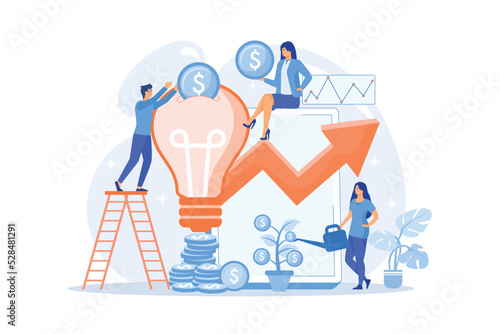 Tiny business people investing into innovation with high potential. Venture capital, venture investment, venture financing and business angel concept. flat vector modern illustration