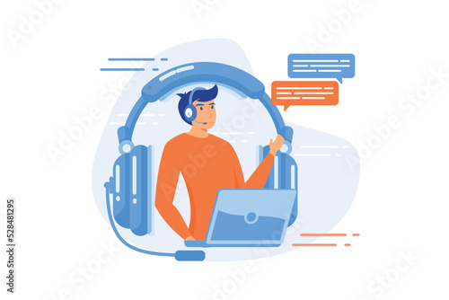 Contact, call center. Client support, help service, hotline idea. Headset with microphone, man and message boxes compositions. Stereo equipment.flat vector modern illustration