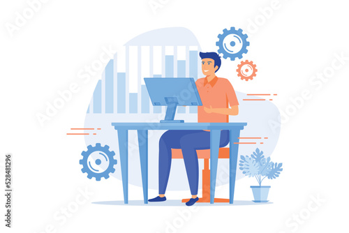 Technical support. System calibration, software configuration, settings adjustments. Professional computer maintenance service, technician occupation. flat vector modern illustration
