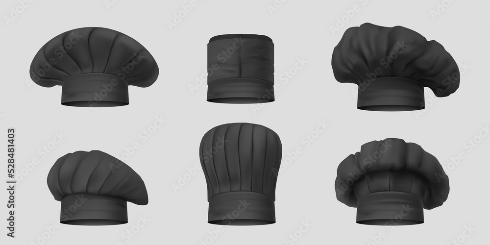 Mockup black headwear for the chef. Collection cook caps and baker toques headdress for kitchen staff.  illustration. - obrazy, fototapety, plakaty 