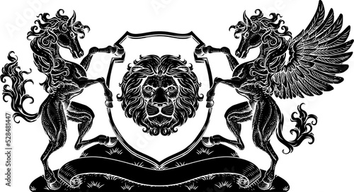 Crest Pegasus Horse Coat of Arms Lion Shield Seal photo