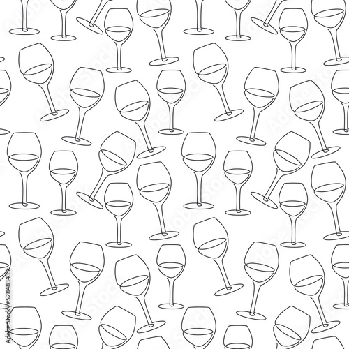 Monochrome vector wine glass icon seamless pattern. One line continuous hand drawn illustration with handwritten lettering. Wallpaper  graphic background  fabric  print  wrapping paper.