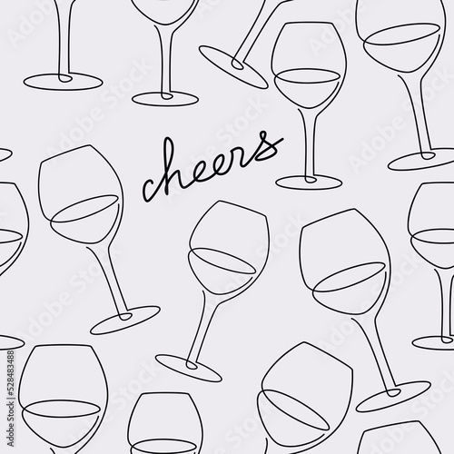 Linear wine glass seamless vector pattern. One line continuous hand drawn illustration with handwritten lettering Cheers. Wallpaper, graphic background, fabric, print, wrapping paper design.