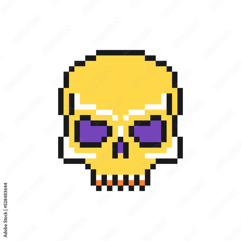 Obraz premium Scull icon in pixel art design isolated on white background, Halloween skeleton head vector sign symbol.