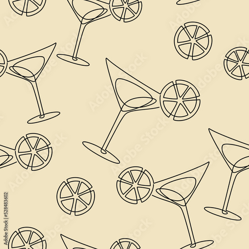 Contour cocktail glass seamless vector pattern. One line continuous hand drawn illustration party backdrop. Wallpaper, fabric, print, wrapping paper or package design.
