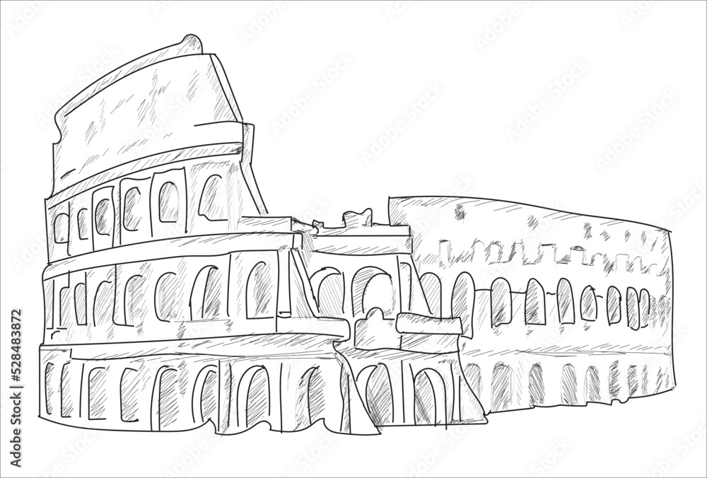 Colloseum Italy. With geometric shapes and stripes Hand drawing sketch vector illustration.