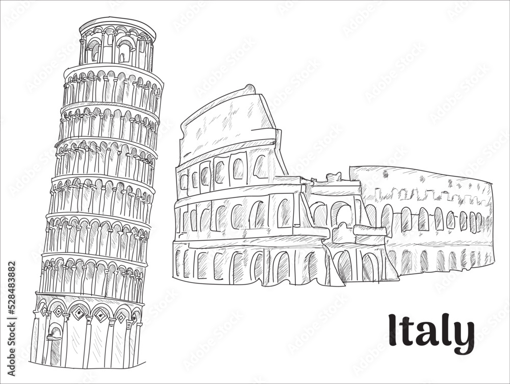Rome, Italy Colosseum. Pisa Tower Hand drawing sketch vector illustration