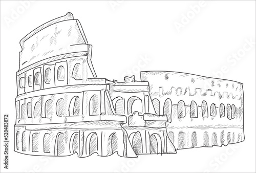 Colloseum Italy. With geometric shapes and stripes Hand drawing sketch vector illustration.