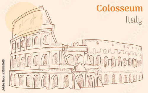 Colloseum Italy. With geometric shapes and stripes Hand drawing sketch vector illustration.