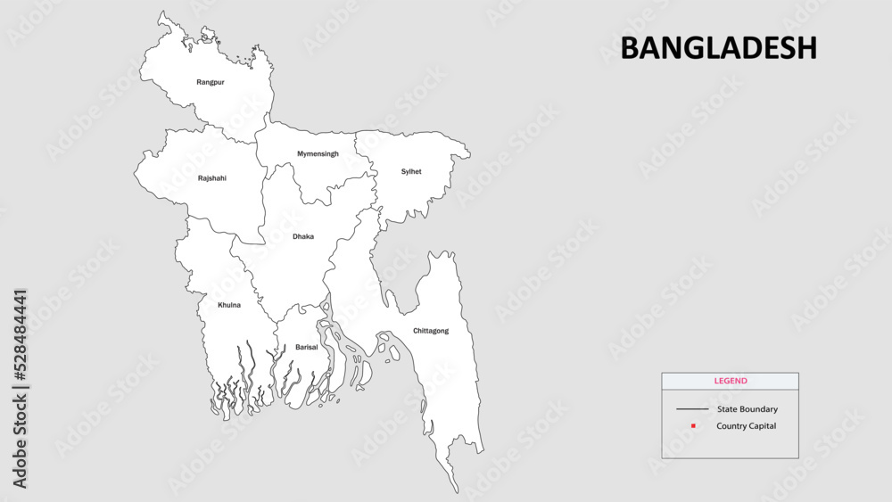 Bangladesh Map. State and district map of Bangladesh. Administrative map of Bangladesh with district and capital in white color.