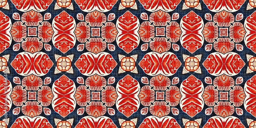 Fototapeta premium Retro blue red pattern clash geometric bandana border. Masculine fashion edging trim banner with nantucket style decorative design. Endless repeatable tape