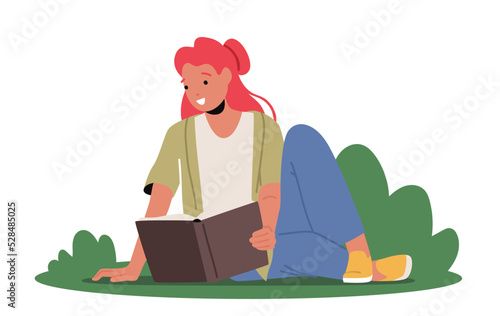 Young Woman Student Reading Book Prepare to Exam or Make Homework. Girl Character Reading Sitting on Green Lawn