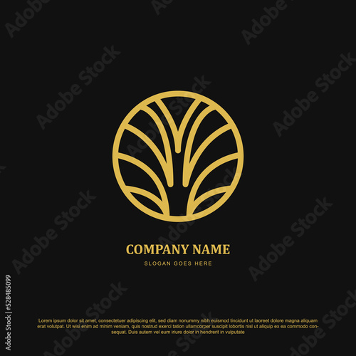 Luxury palm leaf logo design. Golden outline palm leaf emblem