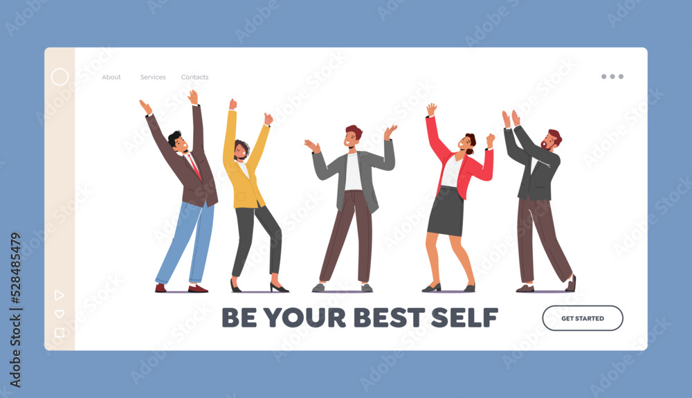 People Celebrate Victory or Success Landing Page Template. Happy Colleagues Office Employees Rejoice with Raised Arms People Celebrate Victory or Success Landing Page Template. Happy Colleagues Office Employees Rejoice with Raised Arms