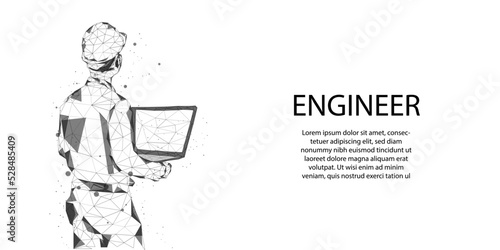 An architect or engineer in a hard hat holding a blueprint looking at work. Abstract 3D vector illustration. Construction business or industrial concept.