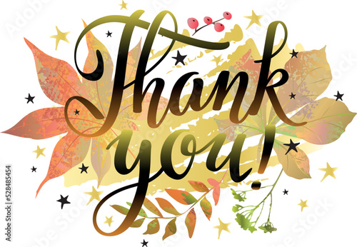 Thank you banner with lettering and autumn leaves. Thanksgiving element.