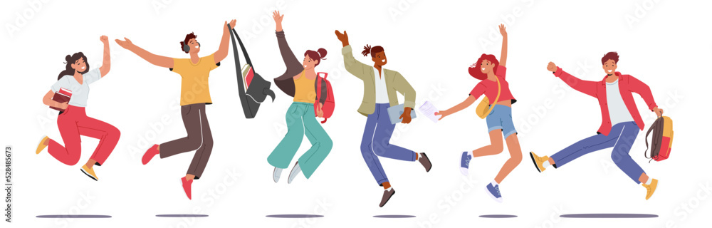 Set of Happy Students Characters Jumping with Backpacks and Textbooks. Schoolboys or Schoolgirls Laughing, Waving Hands Set of Happy Students Characters Jumping with Backpacks and Textbooks. Schoolboys or Schoolgirls Laughing, Waving Hands