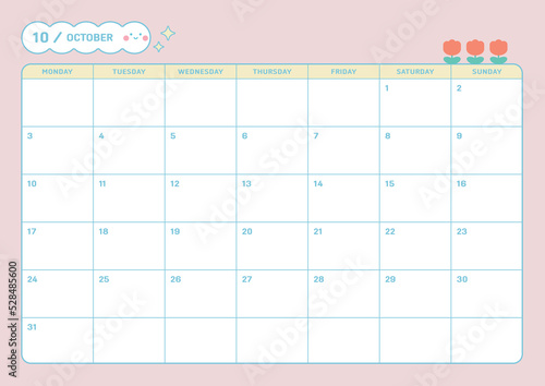 October 2022 calendar template design illustration in colorful and cute style. Notes, scheduler, diary, calendar, memo, planner document template background. 