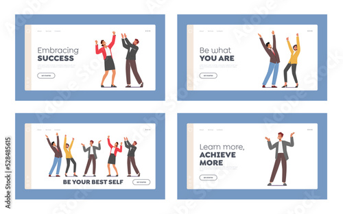 People Celebrate Victory or Success Landing Page Template Set. Happy Colleagues Office Employee Rejoice with Raised Arms