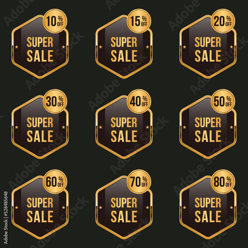 golden sale label badge set with different percent discount offer