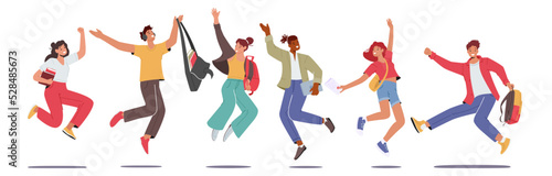 Set of Happy Students Characters Jumping with Backpacks and Textbooks. Schoolboys or Schoolgirls Laughing, Waving Hands